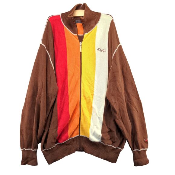 COOGI Men's Full Zip Cardigan Sweater Brown XXXL Striped Mock Neck Cotton